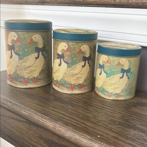 Vintage Goose Canister Set of 3, geese in the snow, wearing blue ribbons